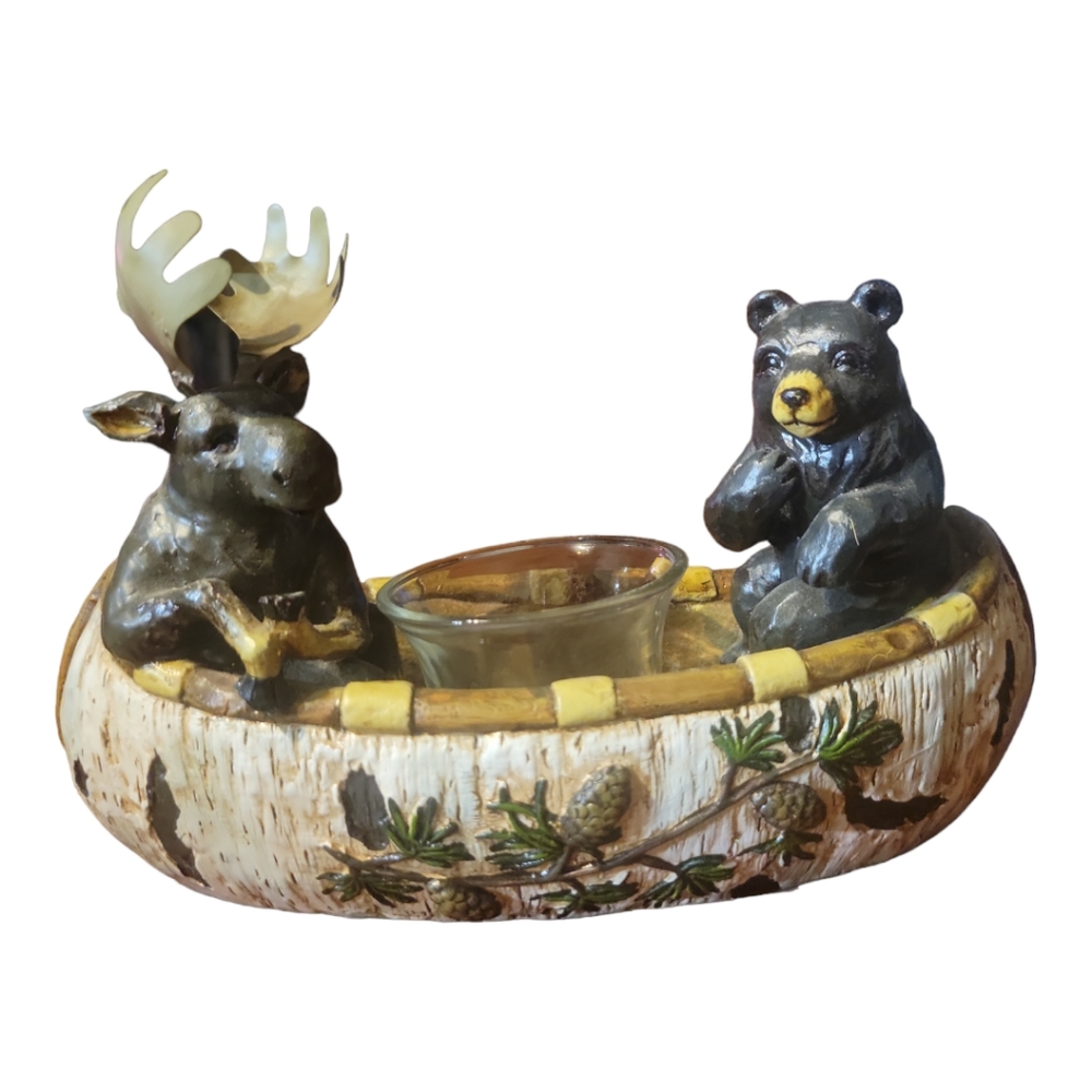 Vtg Votive Candle Holder Resin Birch Bark Canoe Bear Moose Pinecones